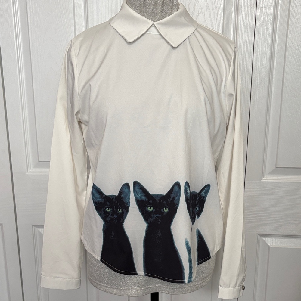 Chic Feline Long Sleeve Top - White with Black Cat Design